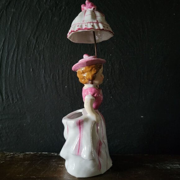 Vintage Ucago Girl with Umbrella Planter, Unique Vintage Planters - Picture 3 of 10